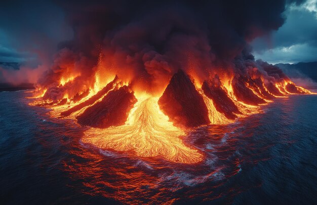 Aerial view of a nighttime volcanic eruption in Iceland with lava flowing into the sea