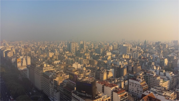 Aerial view of the Obelisk icon of the city of Buenos Aires in Argentina