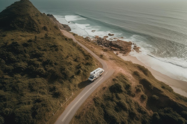 Aerial view ocean coast and recreational vehicle