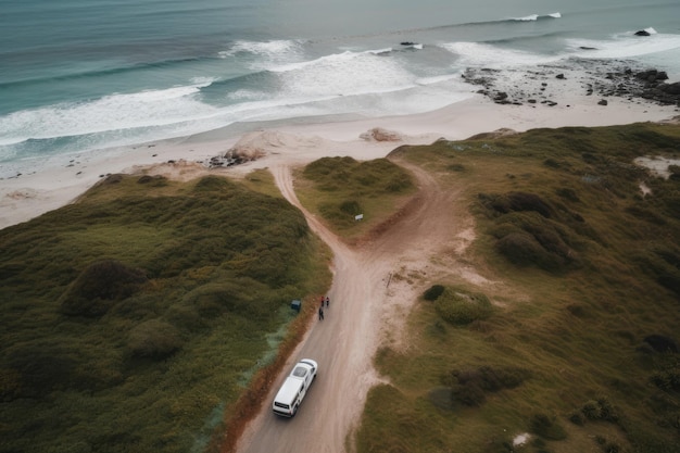 Aerial view ocean coast and recreational vehicle