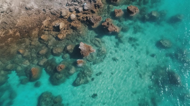 Aerial view of the ocean with rocks and corals