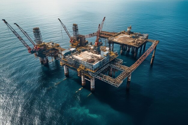 Aerial view of Offshore oil and gas rig construction station platform on the sea Industry searching for fuel and energy extract process petroleum and natural gas at ocean beneath seabed