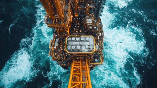 Photo aerial view of an offshore oil rig amidst turbulent ocean waters