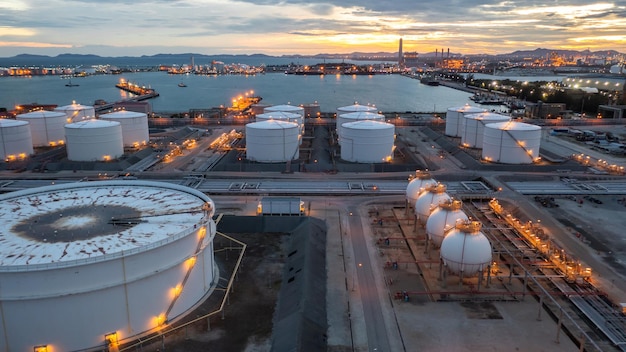 Aerial view oil and gas storage tank farm Tank farm storage petrochemical petroleum chemical refinery product at oil terminal Business commercial trade fuel and energy transport by tanker ship vessel