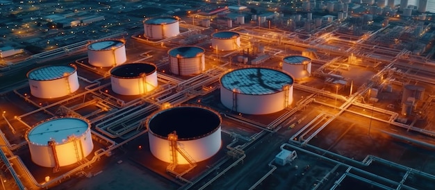 Aerial view oil and gas terminal storage tank farm