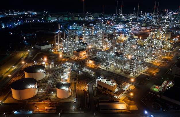 Aerial view oil storage tank with oil refinery factory industrial.