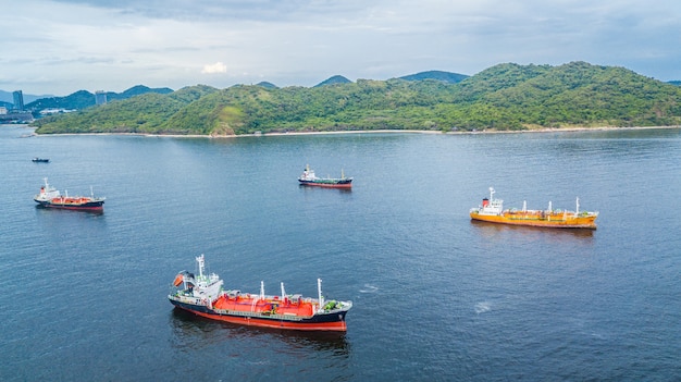 Aerial view oil tanker ship and gas tanker ship loading in port.