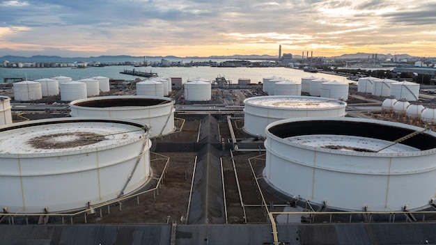 Aerial view oil terminal industrial facility storage tank oil and petrochemical products.