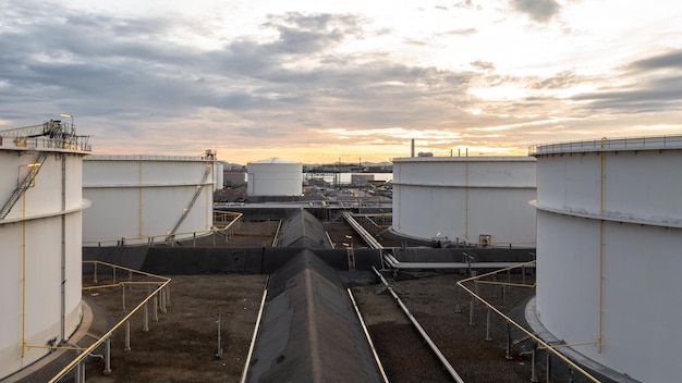 Aerial view oil terminal industrial facility storage tank oil and petrochemical products.