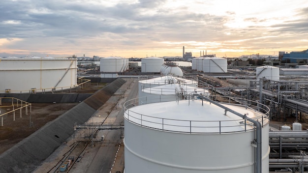 Aerial view oil terminal industrial facility storage tank oil and petrochemical products.