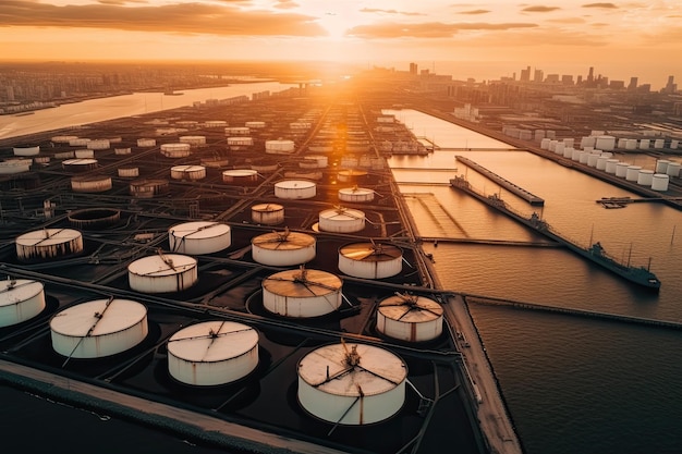 Aerial view of an oil terminal during sunset with the sun casting a golden glow over the entire scene The oil terminal is situated on the coast with massive tanks and pipelines Generative AI