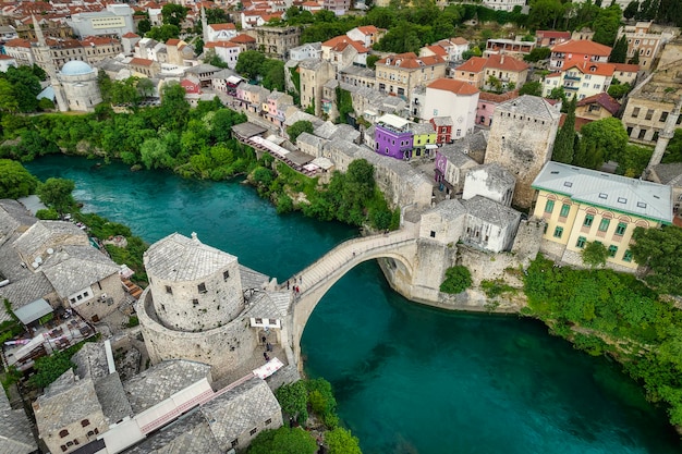 Aerial view of the old bridge of Mostar, famous touristic destination in Bosnia and Herzegovina