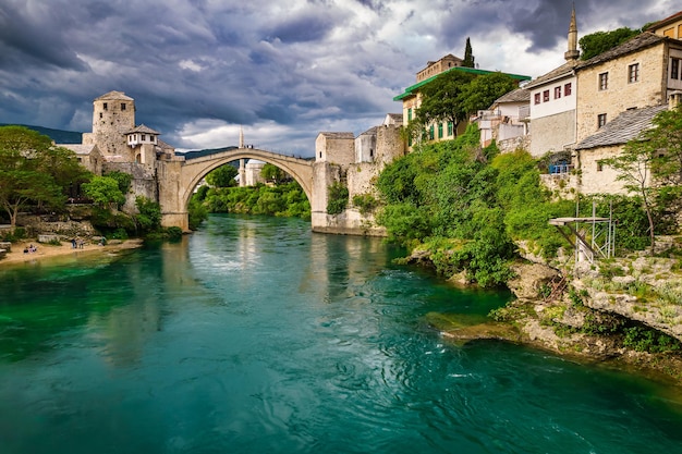 Aerial view of the old bridge of Mostar, famous touristic destination in Bosnia and Herzegovina