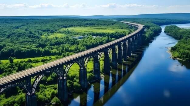 Aerial view of an old railway viaduct AustroHungarian railway bridge in the village of Plebanivka in the Ternopil region of UkraineGenerated Ai