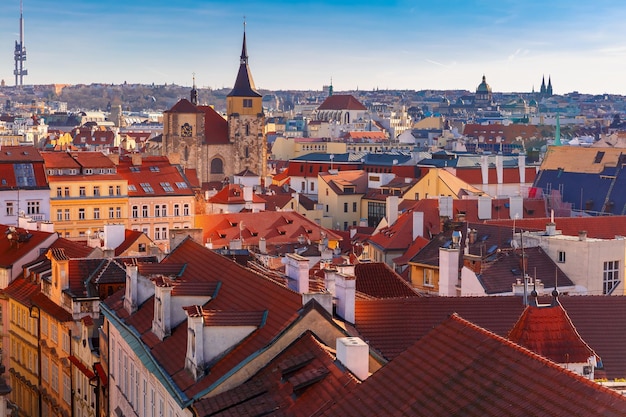 Aerial view over old town in prague with domes of churches czech republic