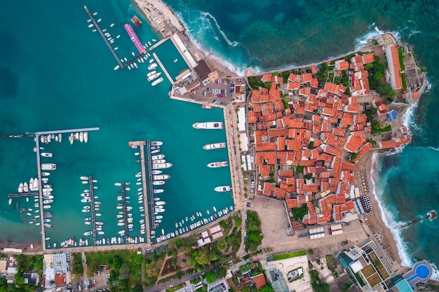 Aerial view of old town and yacths in Budva, most famous resort in Montenegro