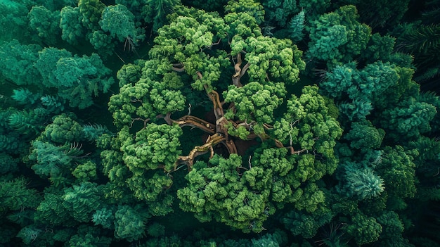 Photo aerial view of a oneyearold cedar tree surrounded by lush green forest