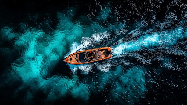 Aerial view of an orange speedboat sailing across vibrant blue waters creating a dynamic white wake