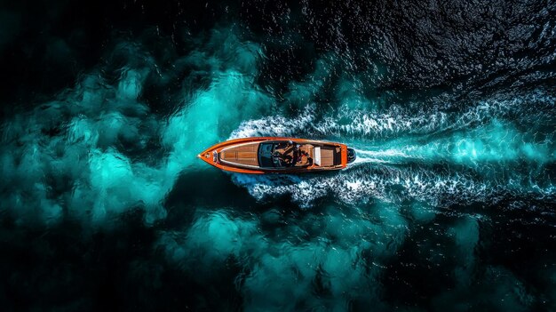 Aerial view of an orange speedboat sailing across vibrant blue waters creating a dynamic white wake