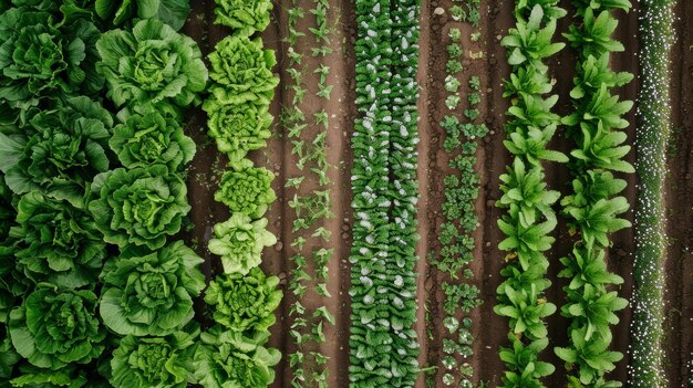 Photo aerial view of organic vegetable farm with lush crops growing in neat rows for sustainable agriculture