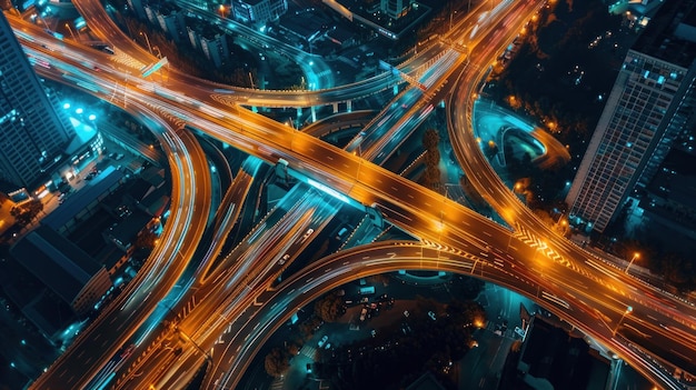 Aerial view of overlapping expressway roads in the city at night