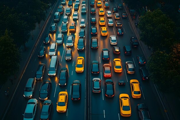 Photo aerial view of a packed highway with bumper to bumper traffic during rush hour