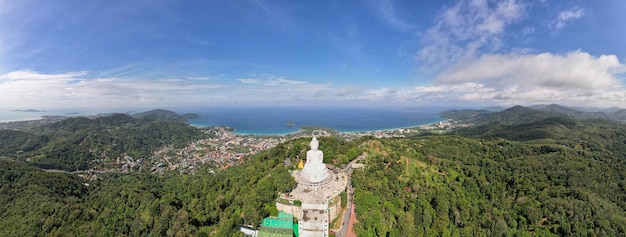 Aerial view Panorama Big buddha statue on top of the mountain in phuket Aerial view Drone photography nature landscape Phuket island ThailandAmazing view travel background