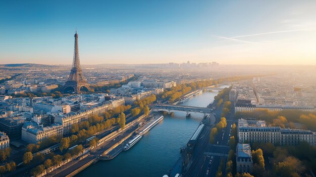 Photo aerial view of paris cityscape with the eiffel tower and seine river during sunset