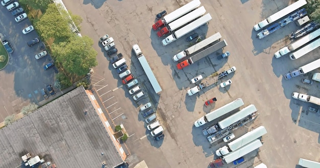 Aerial view of parking lot with trucks on transportation of truck rest area dock