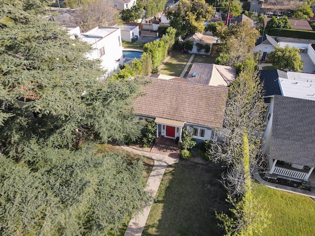 Aerial view above Pasadena neighborhood in northeast of downtown Los Angeles California USA