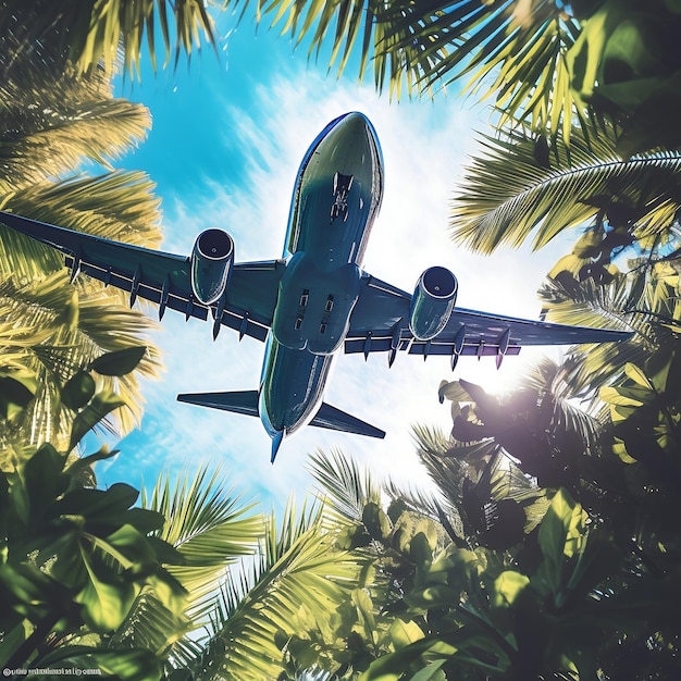 Aerial View of Passenger Plane Flying Over Tropical Palm Trees Bottom View of the Aircraft Generative AI