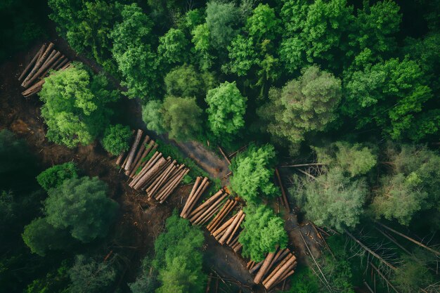 Photo aerial view of a path through a lush green forest with cut timber logs stacked neatly showcasing sustainable forestry practices