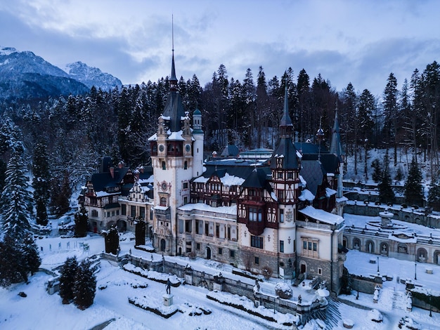 Aerial view of Peles castle in winter Sinaia Romania