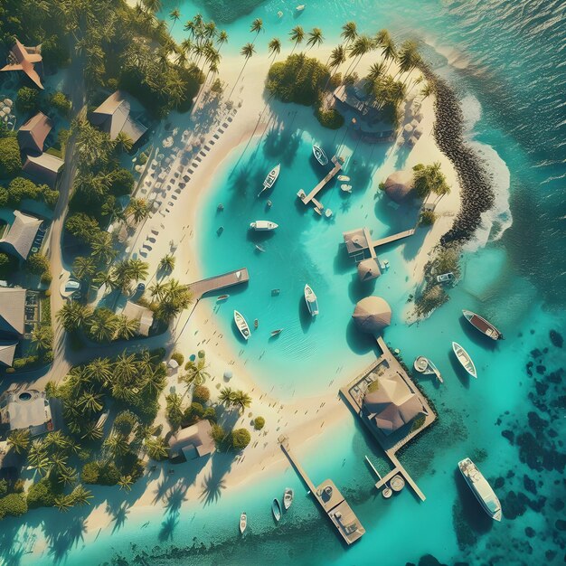 Photo aerial view of people enjoying a luxurious resort on a tropical island with boats docked in turquoise water