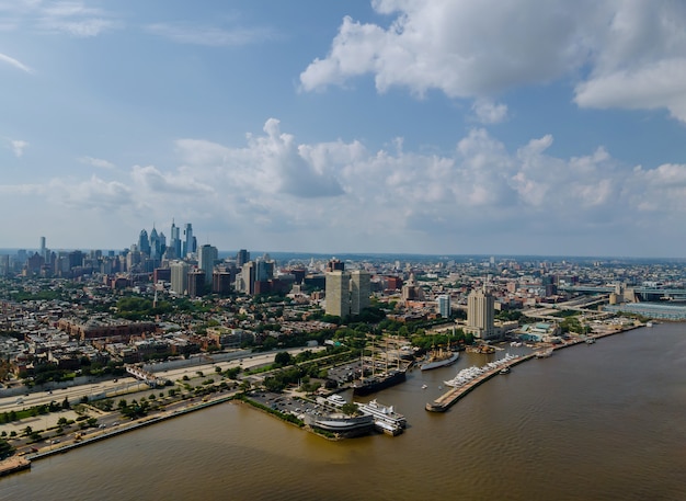 Aerial view over the Philadelphia downtown skyline with PA USA