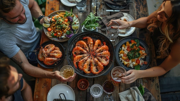 Photo aerial view photograph 4 people eating a plate of grilled prawns at a restaurant table minimalist we