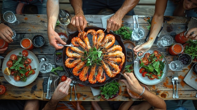 Photo aerial view photograph 4 people eating a plate of grilled prawns at a restaurant table minimalist we