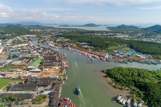 Aerial view of Phuket Fishing port is the largest fishing port Located at koh siray Island Phuket Thailand.