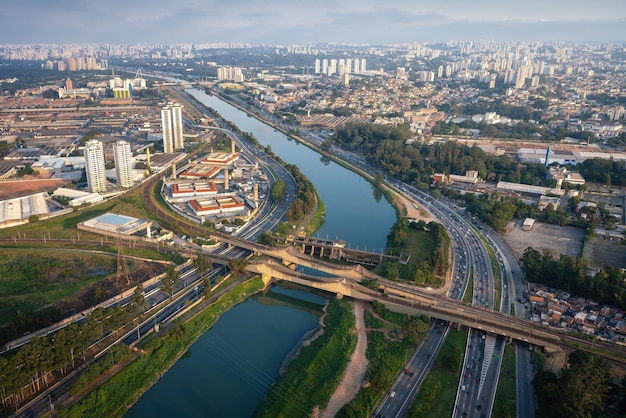 Aerial View of Pinheiros River with Juvenile Detention Center Fundacao Casa and Provisional Detention Center CDP Pinheiros Sao Paulo Brazil