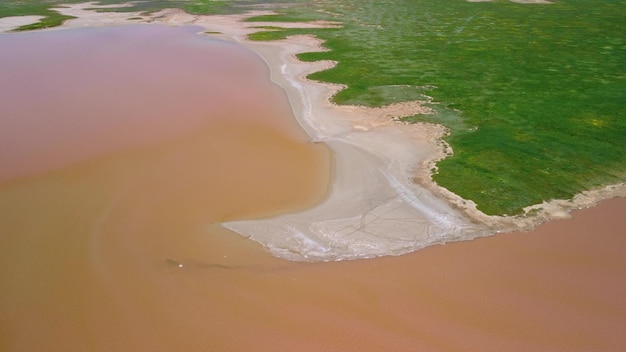 Aerial view of a pink salt lake Azov Ukraine