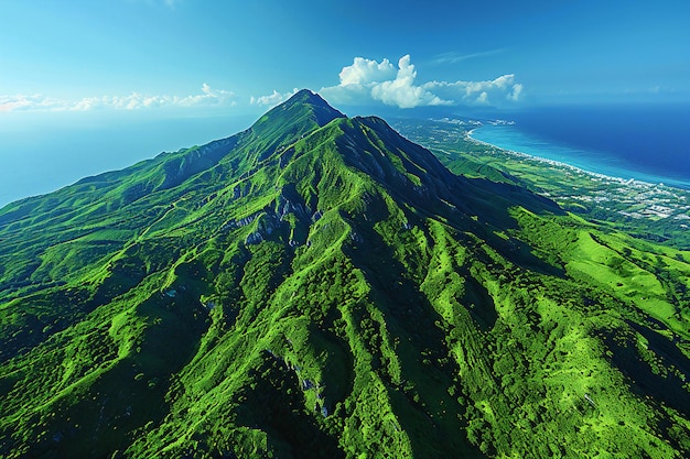 Aerial view of piste de la reine mountain peak in islandia tropical landscape