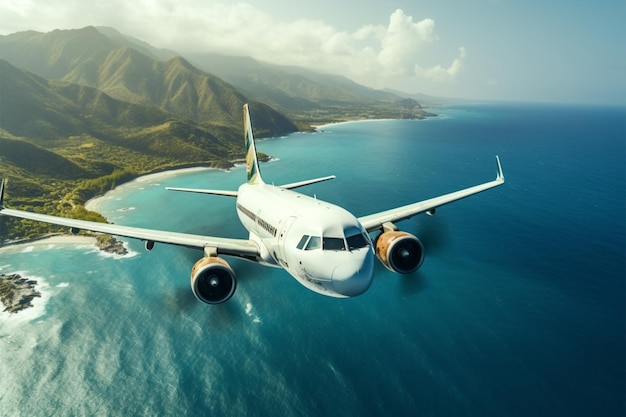 Aerial view Plane soars above ocean overlooking a distant island