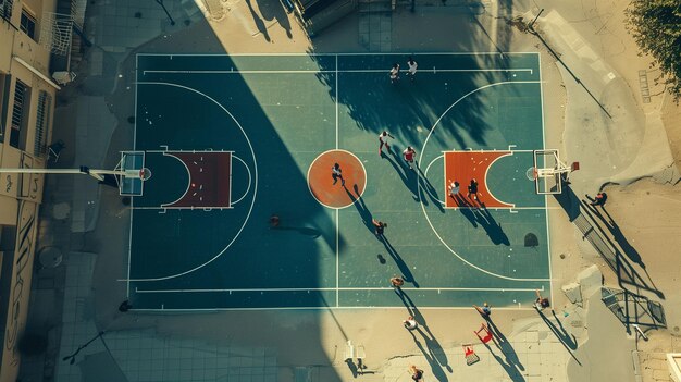 Photo aerial view of players engaged in intense basketball game on urban court