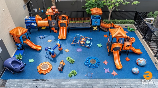 Photo aerial view of a playground design featuring recreational equipment and fun activities for kids