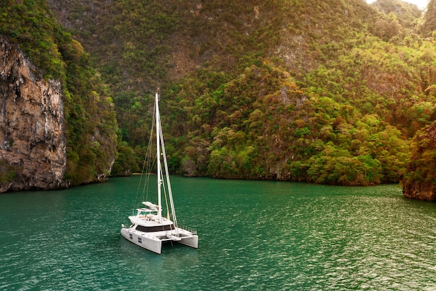 Aerial view of a Pleasure sailing yacht in the Andaman Sea near Phi Phi Islands, Thailand