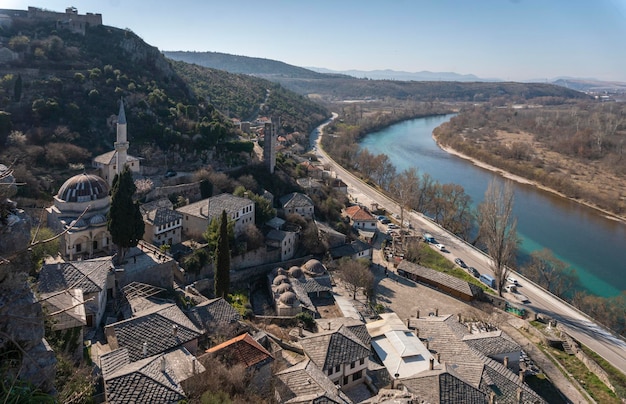 Aerial view of Pocitelj medieval village in Bosnia and Herzegovina