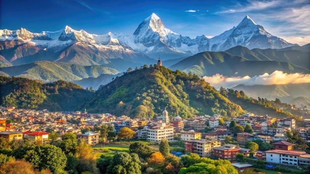 Photo aerial view of pokhara city with machhapuchre himalayan backdrop at sunrise generative ai