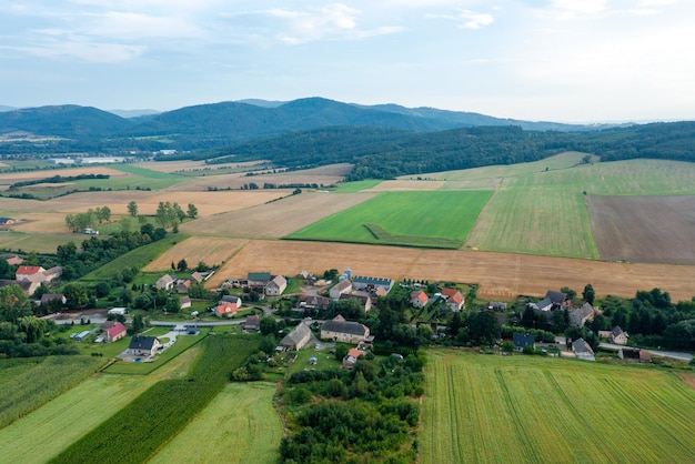 Aerial view of a Polish village among the fields