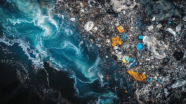 Photo an aerial view of a polluted beach with plastic waste and debris littering the sand and water