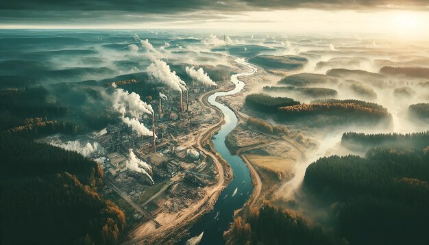 Aerial View of polluted iscity with river